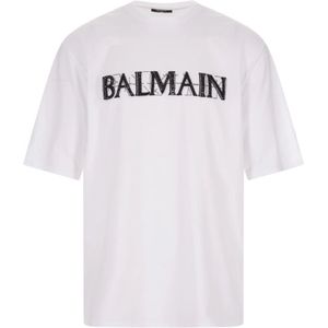 Balmain, Tops, Heren, Wit, S, Katoen, Oversize Kristal Logo T-shirt