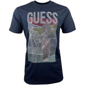 Guess, Fantasie Print T-Shirt - Blauwe Ronde Hals Blauw, Heren, Maat:M