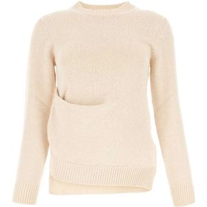 Jil Sander, Truien, Dames, Wit, S, Katoen, Gebreide kleding met ronde hals, Ivory Cotton Blend Sweater