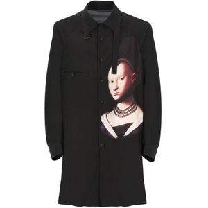 Yohji Yamamoto, Overhemden, Heren, Zwart, M, Zwarte Zijden Shirt met Young Girl Print