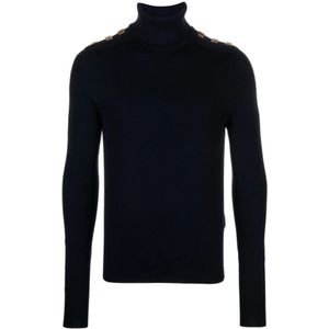 Balmain, Truien, Heren, Blauw, XL, Wol, Midnight Blue Merinowollen Trui met Knoopdetails