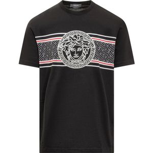 Versace, Tops, Heren, Zwart, XL, Zwart Crew Neck T-shirt met Medusa Logo