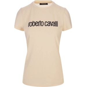 Roberto Cavalli, Ivoor Stretch Katoenen T-shirt met Logo Borduursel Wit, Dames, Maat:M