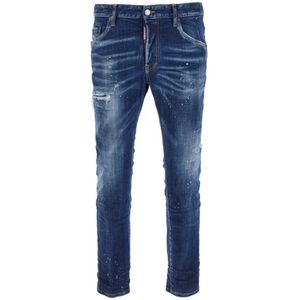 Dsquared2, Jeans, Heren, Blauw, XS, Katoen, Verf Vlek Skinny Fit Jeans