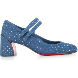 Christian Louboutin, Schoenen, Dames, Blauw, 37 1/2 EU, Denim, Blauwe Denim Hakken met Strass