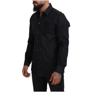 Dolce & Gabbana, Overhemden, Heren, Zwart, M, Katoen, Zwarte rozen Slim Fit katoenen overhemd