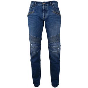 Balmain, Jeans, Heren, Blauw, W28, Katoen, Tapered Blauwe Jeans met Geribbelde Knie-inzetstukken