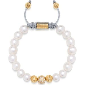 Nialaya, Women`s Beaded Bracelet with White Sea Pearl and Gold Beige, Dames, Maat:L