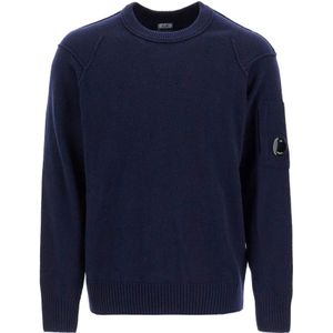 C.p. Company, Truien, Heren, Blauw, L, Wol, Crewneck Pullover van Wolmix met Lens