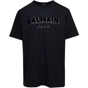 Balmain, Tops, Heren, Zwart, 2Xl, Katoen, Zwarte T-shirts en Polos met Flock Foil Design