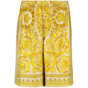 Versace, Korte broeken, Heren, Geel, S, Zijden Barocco Print Elastische Taille Shorts