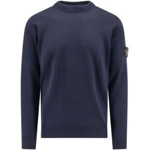 Stone Island, Truien, Heren, Blauw, M, Wol, Blauwe Gebreide Trui Ronde Hals Lange Mouw