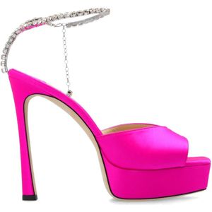 Jimmy Choo, Schoenen, Dames, Roze, 38 1/2 EU, Satijn, ‘Saeda’ platform sandalen van satijn