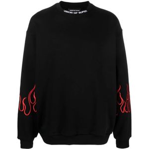 Vision OF Super, Sweatshirts & Hoodies, Heren, Zwart, S, Katoen, Zwarte Trui met Rode Geborduurde Vlammen