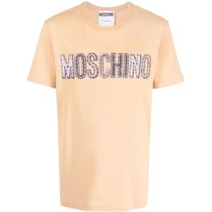 Moschino, Logo-Patch Katoenen T-shirt, Beige Beige, Heren, Maat:2XL