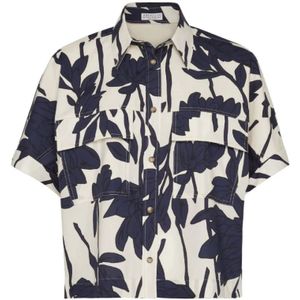 Brunello Cucinelli, Blouses & Shirts, Dames, Veelkleurig, S, Katoen, Blauw/wit katoenen overhemd met bladprint