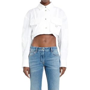 Off White, Blouses & Shirts, Dames, Wit, 2Xs, Katoen, Witte Cargo Crop Shirt met Cargo Zakken