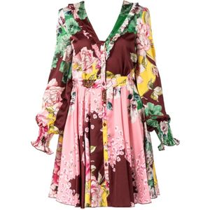 Pinko, Kleedjes, Dames, Veelkleurig, M, Polyester, Bloemen Midi Jurk met V-Hals en Knoopsluiting