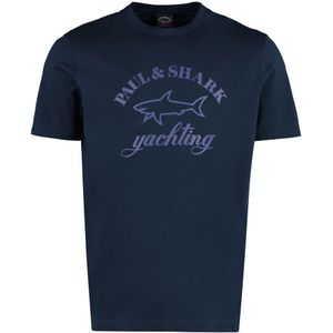 Paul & Shark, Tops, Heren, Blauw, S, Katoen, Logo Print Katoenen T-shirt