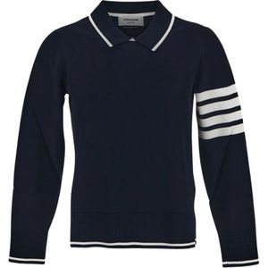 Thom Browne, Tops, Dames, Blauw, M, Navy Polo Kraag Pullover met Tipping Stripe