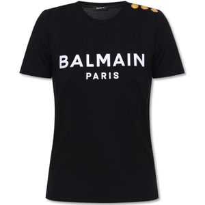 Balmain, Tops, Dames, Zwart, M, Katoen, Logo T-shirt