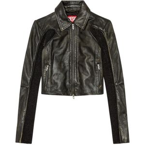 Diesel, Cropped leather jacket with knit panels Zwart, Dames, Maat:S