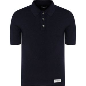 Balmain, Tops, Heren, Blauw, M, Wol, Navy Blue Wool Logo Patch Polo Shirt