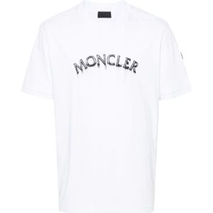 Moncler, Tops, Heren, Wit, L, Katoen, Logo Print Katoenen T-Shirt