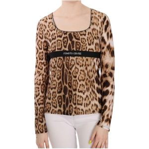 Roberto Cavalli, Blouses & Shirts, Dames, Bruin, L, Roberto Cavalli Brown Roundeck Leopard Women Top Blouse