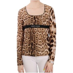 Roberto Cavalli, Roberto Cavalli Brown Roundeck Leopard Women Top Blouse Bruin, Dames, Maat:L