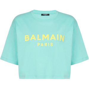 Balmain, Tops, Dames, Blauw, S, Katoen, T-shirt met Paris print