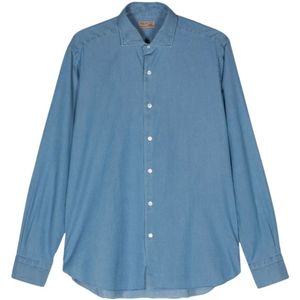 Barba, Blauwe Poplin Spread Kraag Overhemd Blauw, Heren, Maat:L