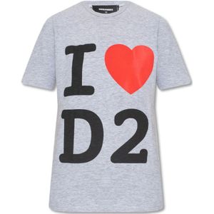 Dsquared2, Tops, Dames, Grijs, L, Katoen, Bedrukt T-shirt, Grijze Shirt met Hart Motief