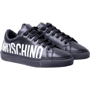 Moschino, Schoenen, Dames, Zwart, 39 EU, Leer, Zwarte Logo Print Leren Sneakers