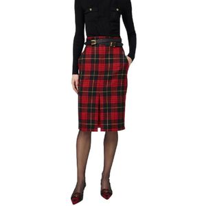 Elisabetta Franchi, Rokken, Dames, Veelkleurig, L, Wol, Tartan wollen midi-rok met riem