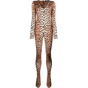 Roberto Cavalli, Jumpsuits & Playsuits, Dames, Beige, M, Tweed, Elegant Jaguar Print Jumpsuit