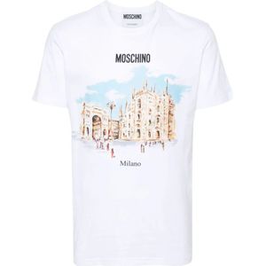 Moschino, Tops, Heren, Wit, S, Katoen, Witte Katoenen T-shirts en Polos met Logo Print