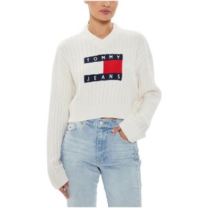 Tommy Jeans, Truien, Dames, Wit, L, Polyester, Center Flag Trui Herfst/Winter Collectie