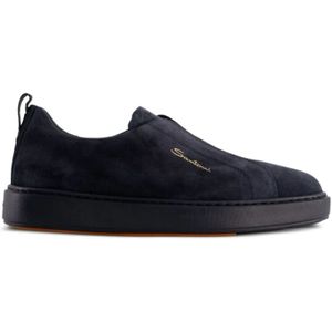 Santoni, Schoenen, Heren, Blauw, 40 1/2 EU, Suède, Blauwe Geborduurde Slip-On Sneakers