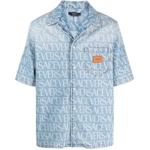 Versace, Overhemden, Heren, Blauw, XL, Katoen, Blauw Allover Patroon Shirt