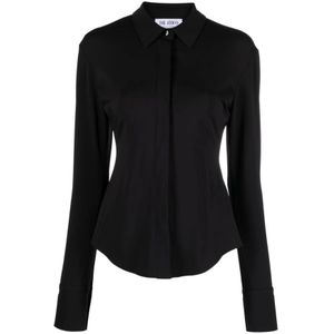 The Attico, Blouses & Shirts, Dames, Zwart, L, Leer, Zwarte Elton Aansluitende Shirt met Logo Borduursel