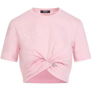 Versace, Tops, Dames, Roze, S, Katoen, Lichtroze Cropped Logo T-Shirt