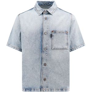 Haikure, Blauw overhemd met korte mouwen en metalen knopen Blauw, Heren, Maat:XL