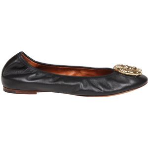 Lanvin, Schoenen, Dames, Zwart, 39 EU, Leer, Zwarte Leren Ballet Flats met Gouden Gesp