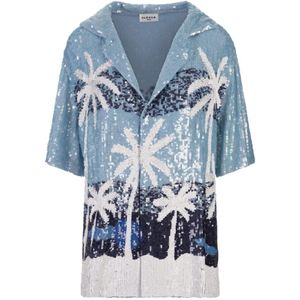 P.a.r.o.s.h., Blouses & Shirts, Dames, Veelkleurig, S, Pailletten, Blauwe Pailletten Tropisch Patroon Shirt