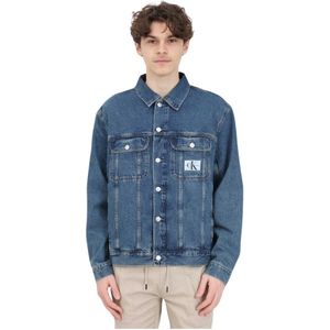 Calvin Klein Jeans, Heren Spijkerjas met Puntige Kraag en Logo Knopen Blauw, Heren, Maat:M
