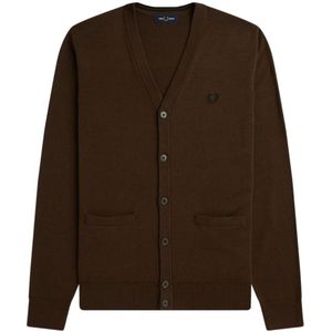 Fred Perry, Gebreide V-hals Cardigan van ethisch katoen en merinowol Bruin, Heren, Maat:M