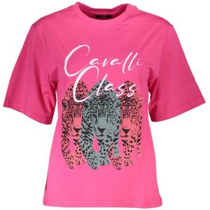Cavalli Class, Tops, Dames, Roze, M, Slim Fit Logo Print T-Shirt