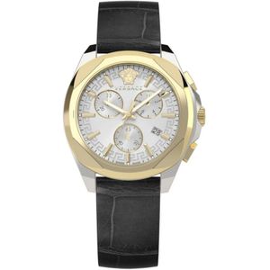 Versace, Chrono Lady Leren Horloge Zwart Goud Zwart, Dames, Maat:ONE Size