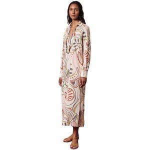 Massimo Alba, Gedrukte katoenen Maxi Kaftan met lange mouwen Beige, Dames, Maat:XS